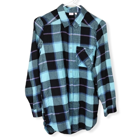 Make + Model Aqua Plaid Flannel Button Down Shirt Size XXS - Picture 9 of 9